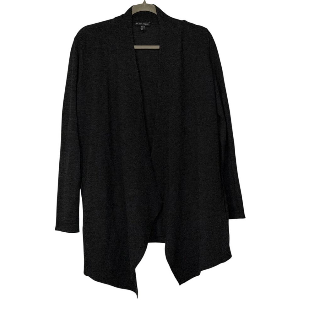 Eileen Fisher Dark Charcoal Open Cardigan Merino Wool Lightweight S